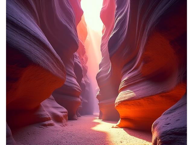 Canyon rocheux étroit avec des strates multicolores, éclairé par le soleil.