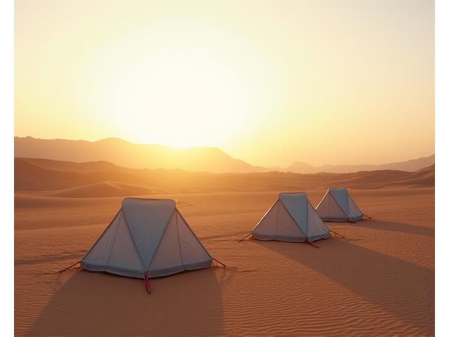 Tentes de bivouac installées dans le désert au lever du soleil.